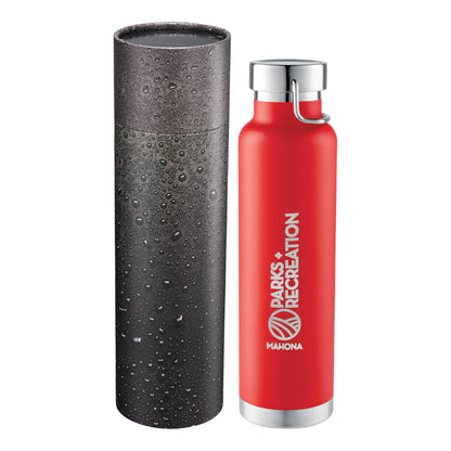 Front View of Red Thor Copper Vac Bottle 22oz With Cylindrical Box