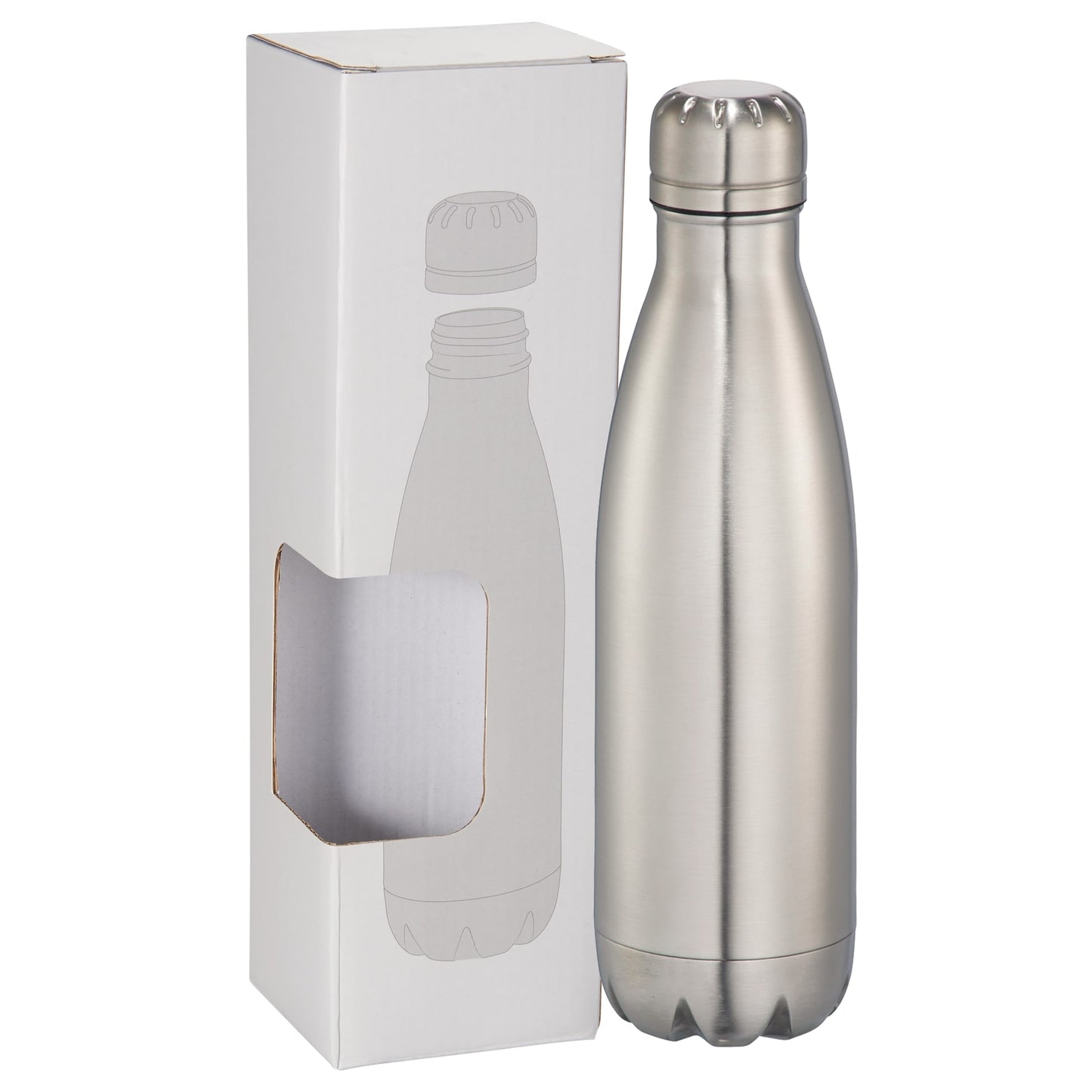 Front View of Silver Copper Vacuum Insulated Bottle 17oz w/ Window Box plain