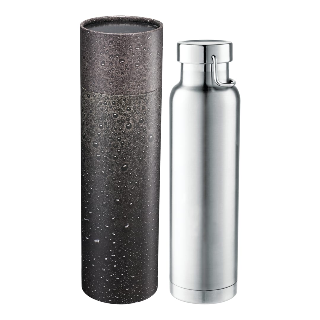 Front View of Silver Thor Copper Vac Bottle 22oz With Cylindrical Box plain