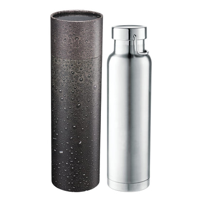 Front View of Silver Thor Copper Vac Bottle 22oz With Cylindrical Box plain