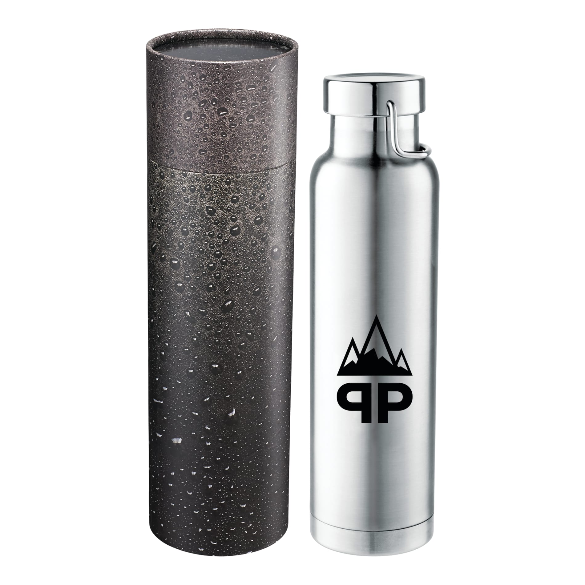 Front View of Silver Thor Copper Vac Bottle 22oz With Cylindrical Box