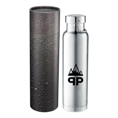 Front View of Silver Thor Copper Vac Bottle 22oz With Cylindrical Box