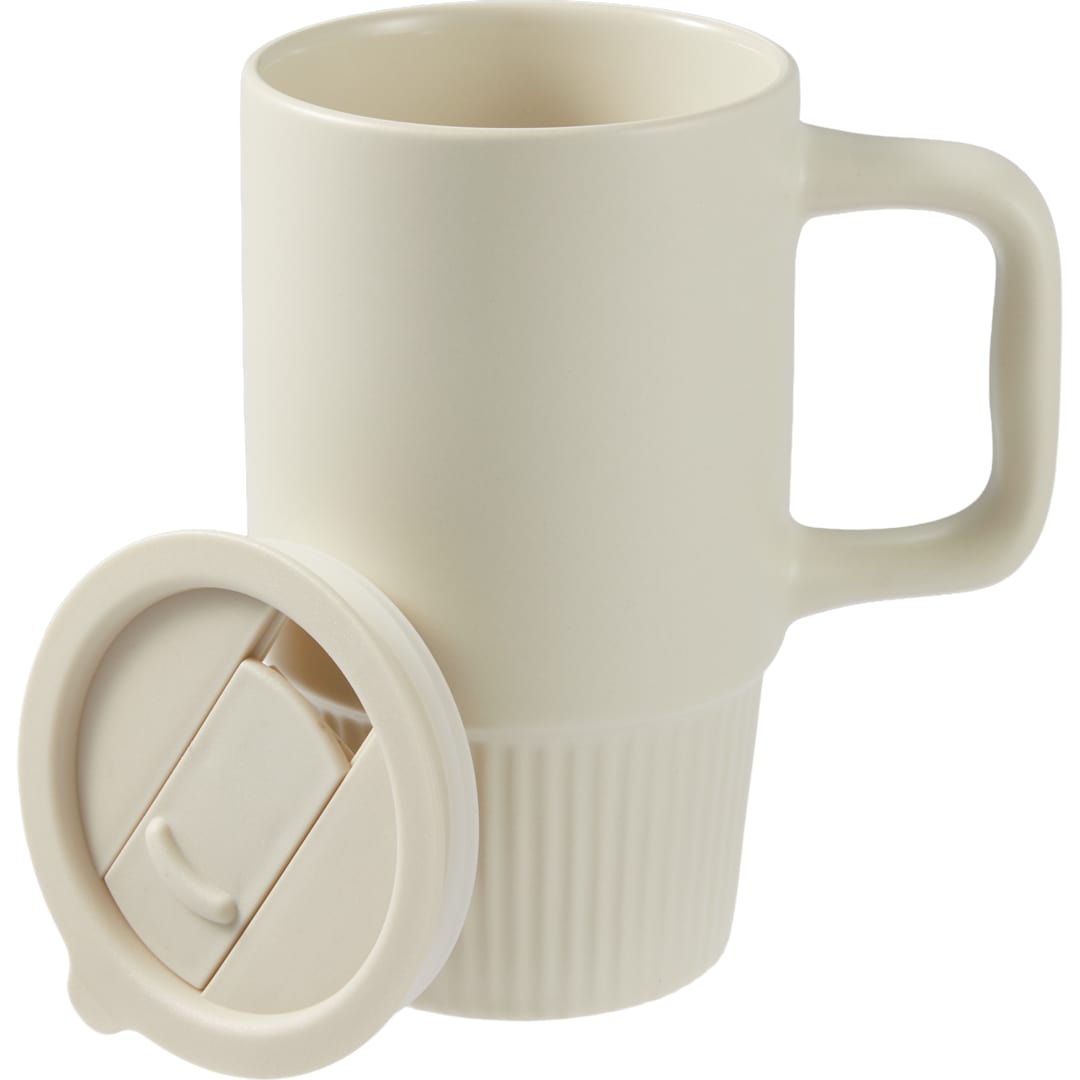 Front View of Tan Camden 13oz Ceramic Mug w/ Lid plain