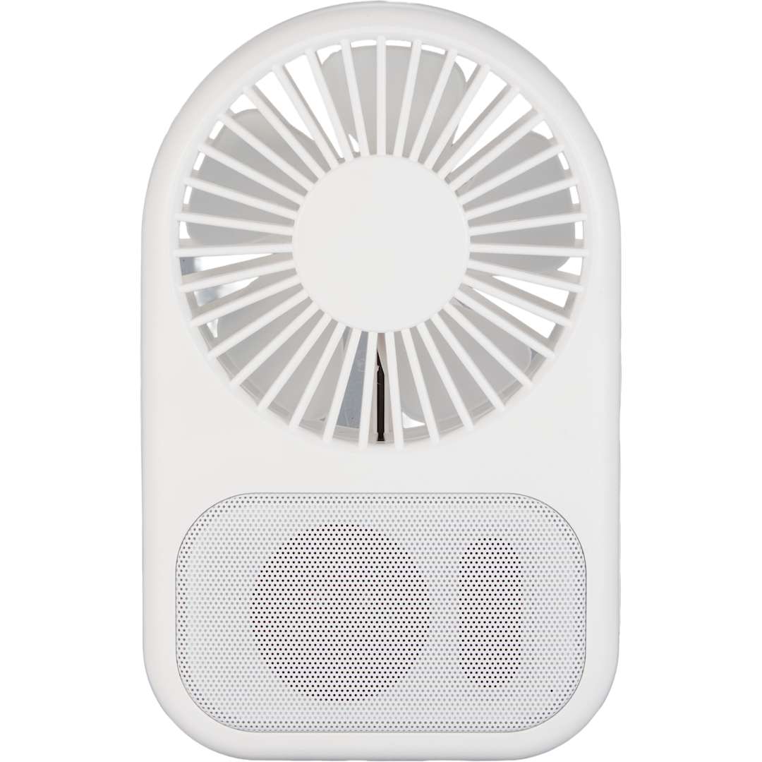 Front View of White Audio Breeze Desktop Fan with Bluetooth Speaker plain