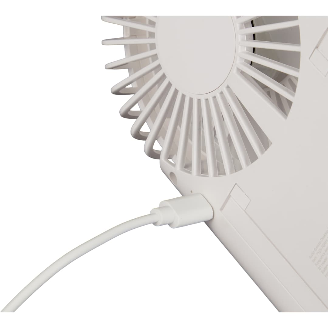 Front View of White Audio Breeze Desktop Fan with Bluetooth Speaker