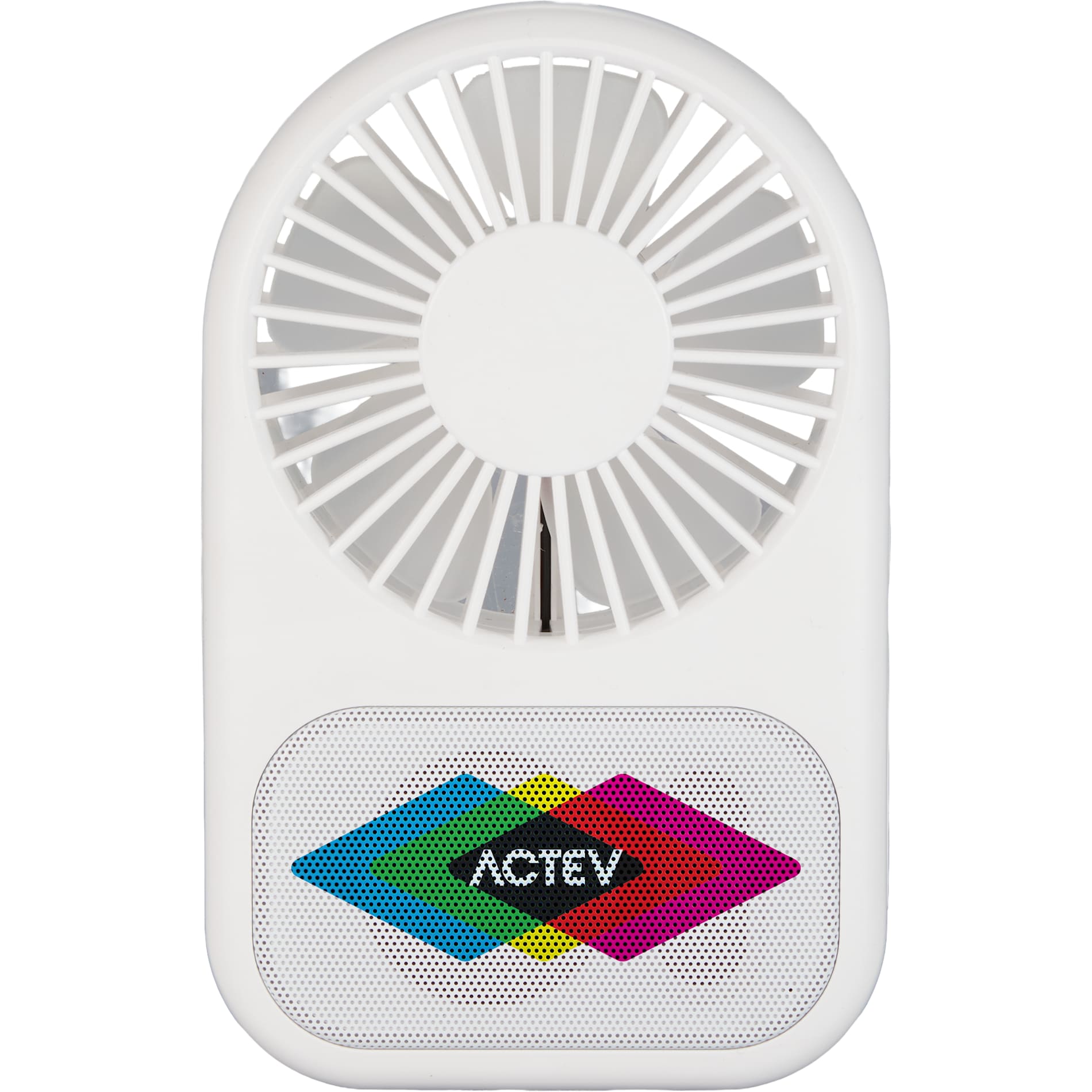 Front View of White Audio Breeze Desktop Fan with Bluetooth Speaker