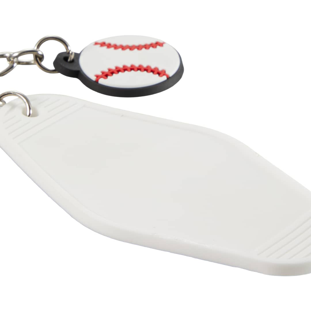 Front View of White Baseball Motel Keychain