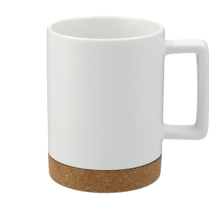 Front View of White Bates 15oz Ceramic Mug w/ Cork Base plain