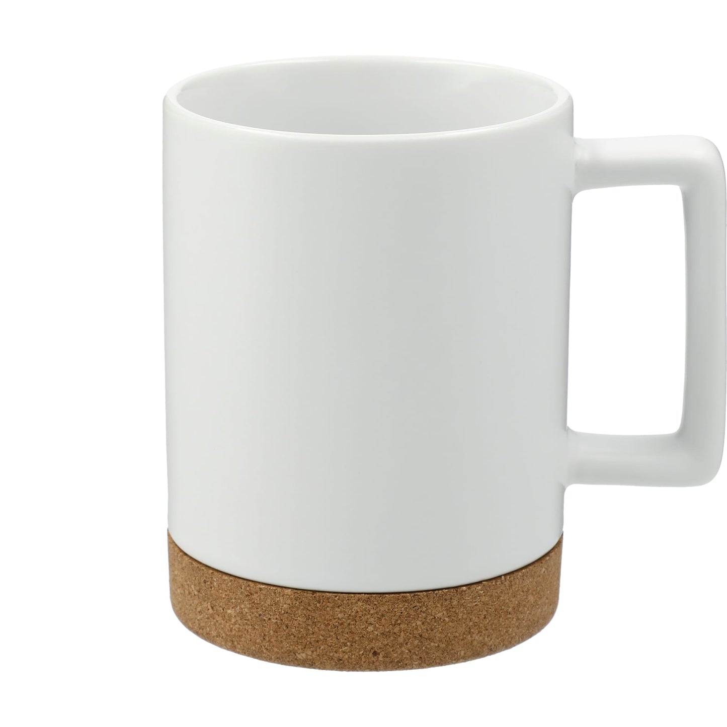 Front View of White Bates 15oz Ceramic Mug w/ Cork Base plain