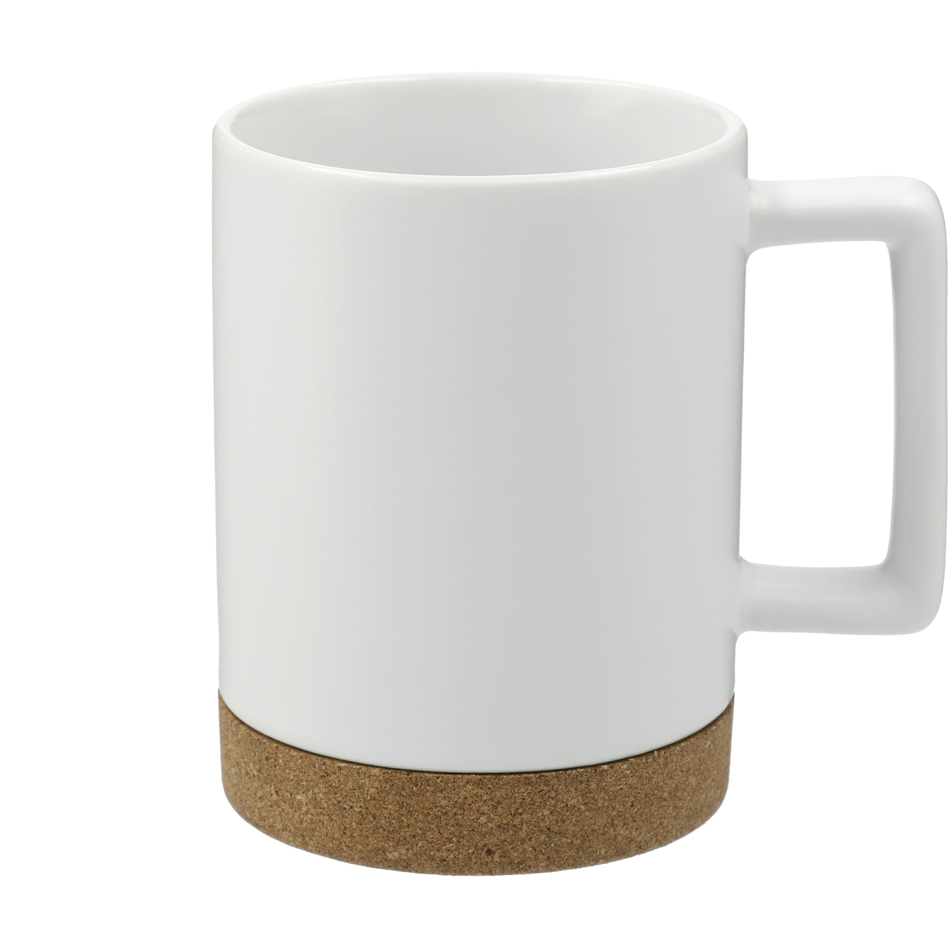 Front View of White Bates 15oz Ceramic Mug w/ Cork Base plain