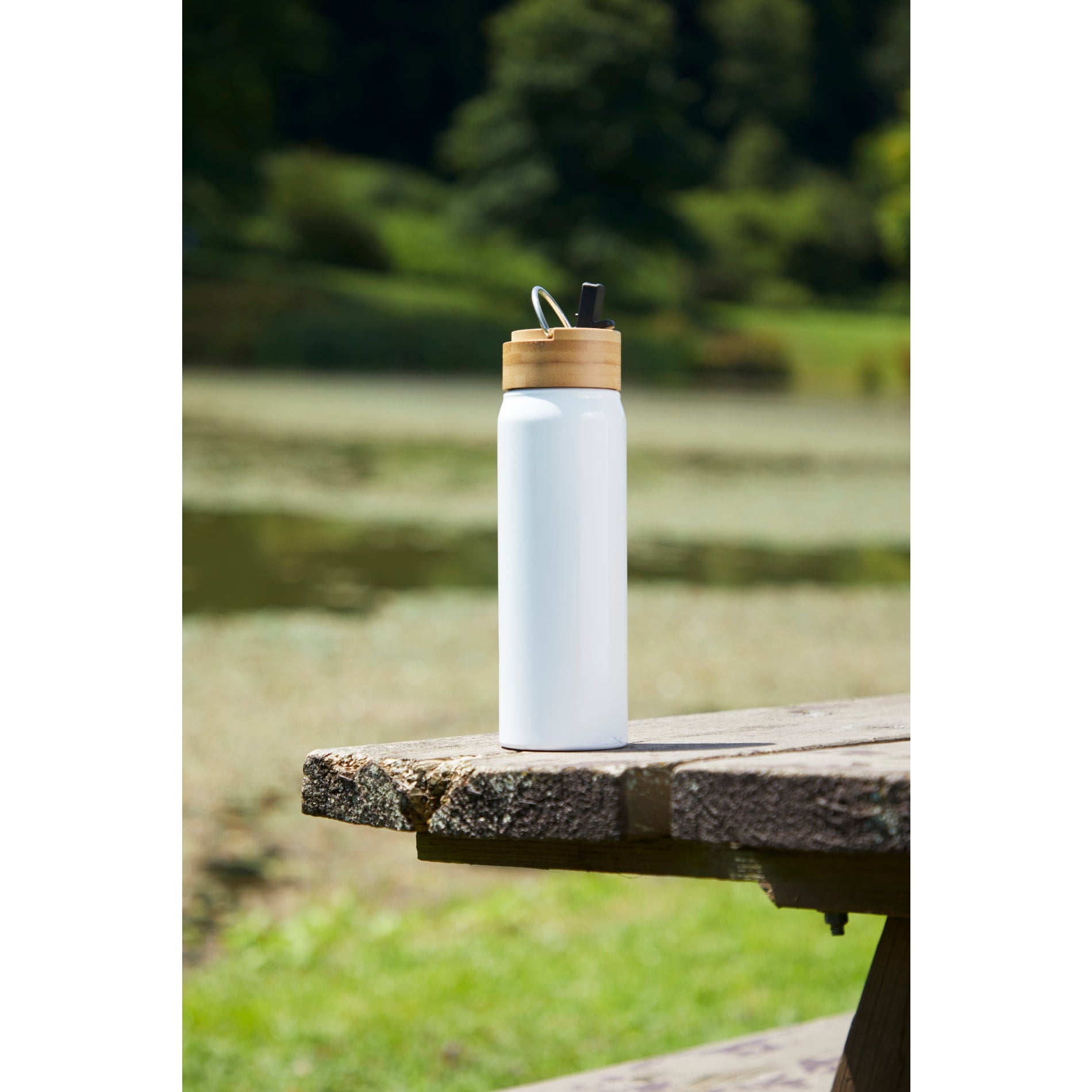 Front View of White Billy 26oz ECO Aluminum Bottle w/ FSC® Bamboo Lid plain