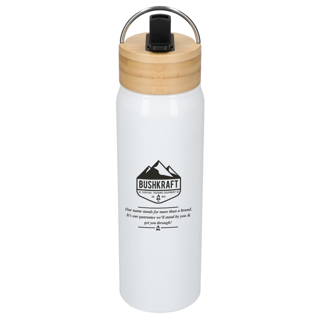 Front View of White Billy 26oz ECO Aluminum Bottle w/ FSC® Bamboo Lid