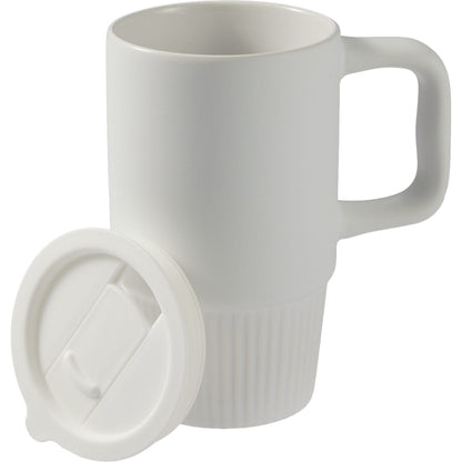 Front View of White Camden 13oz Ceramic Mug w/ Lid plain