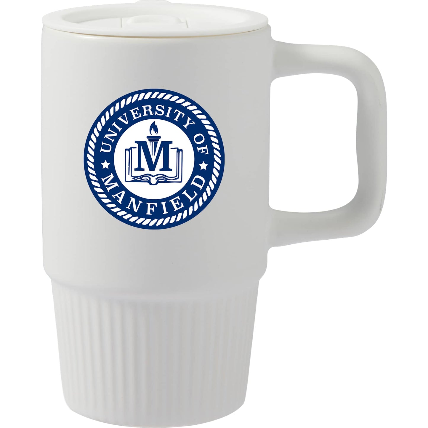 Front View of White Camden 13oz Ceramic Mug w/ Lid