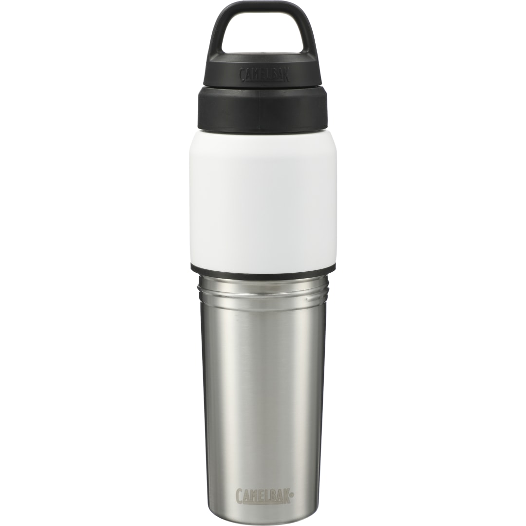Front View of White CamelBak MultiBev 22oz Bottle & 16oz Cup plain