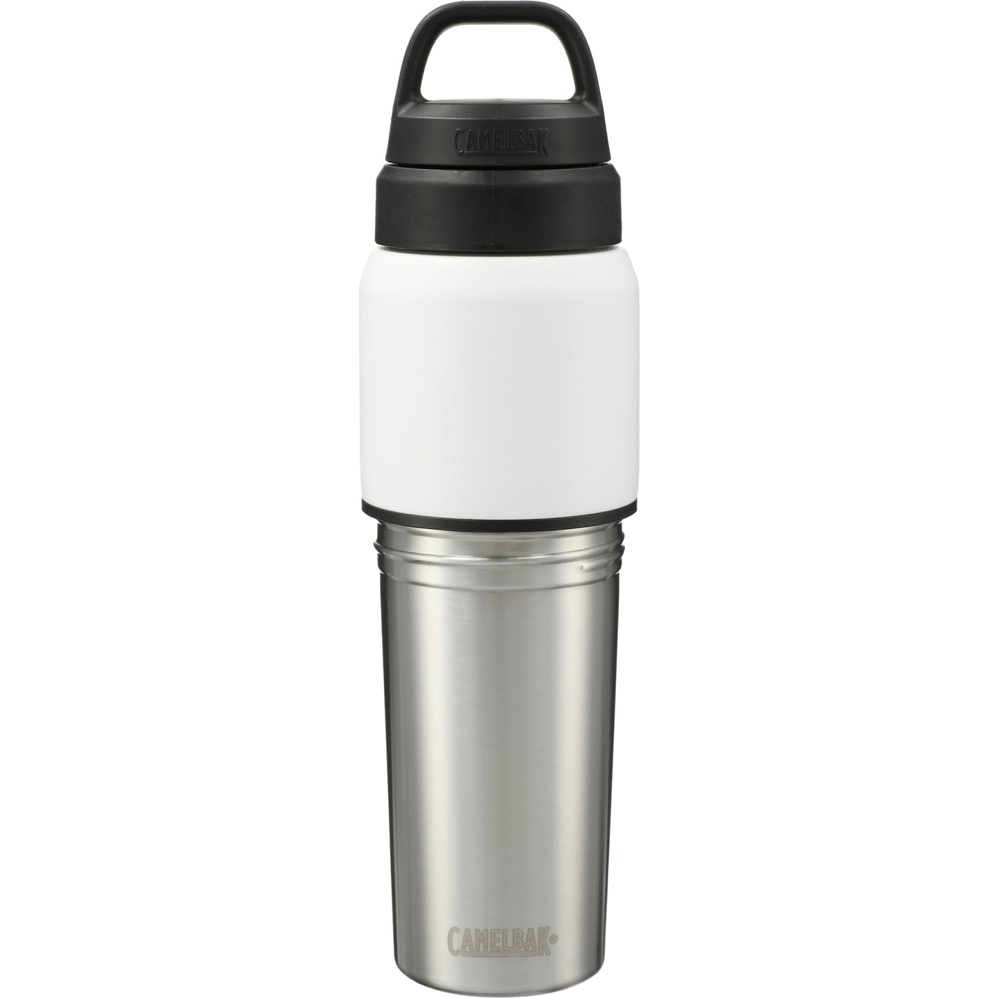 Front View of White CamelBak MultiBev 22oz Bottle & 16oz Cup plain