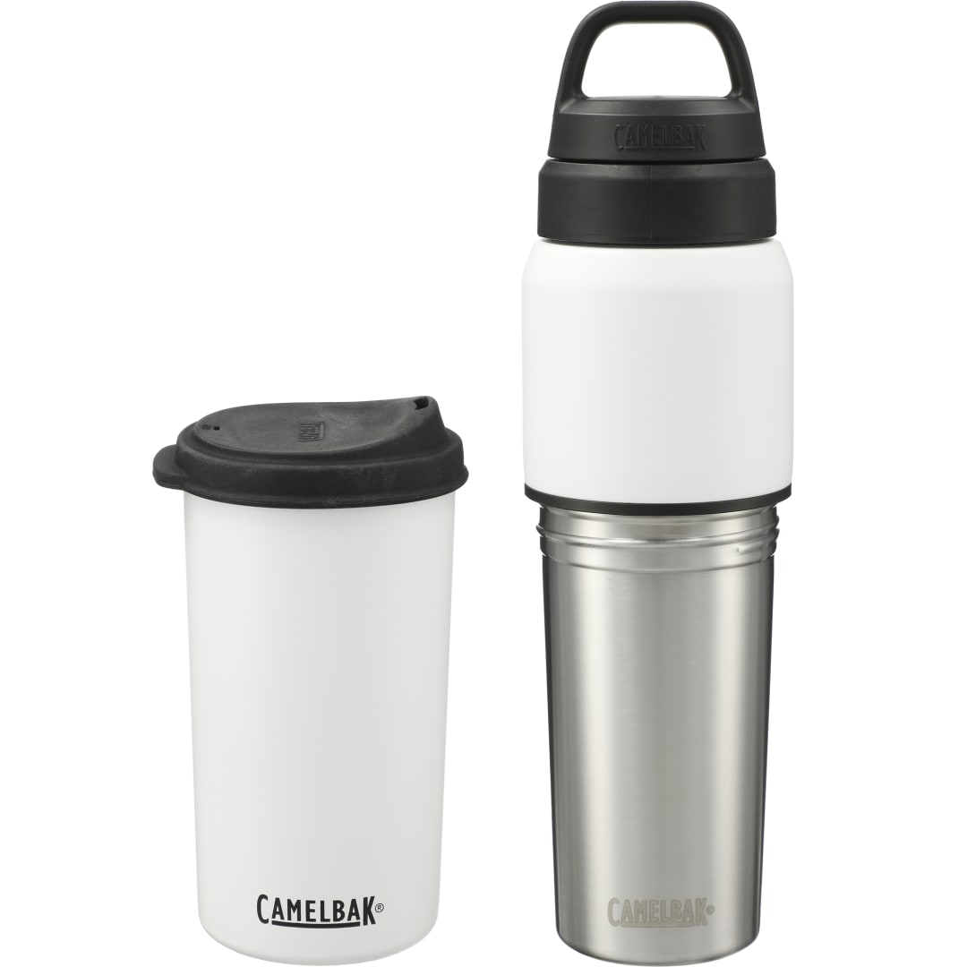 Front View of White CamelBak MultiBev 22oz Bottle & 16oz Cup plain