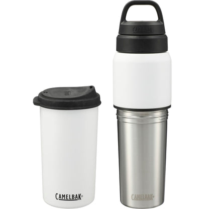 Front View of White CamelBak MultiBev 22oz Bottle & 16oz Cup plain