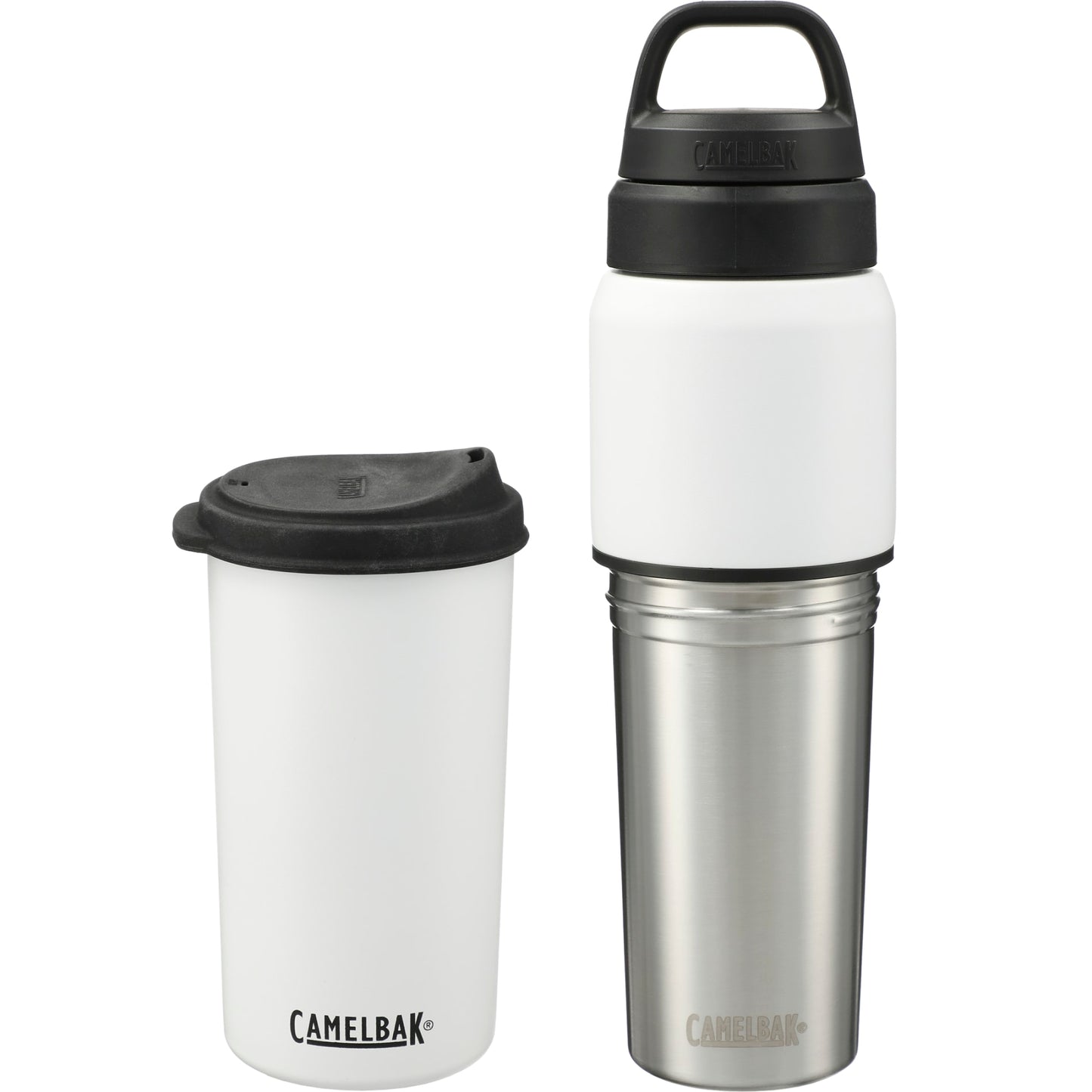 Front View of White CamelBak MultiBev 22oz Bottle & 16oz Cup plain