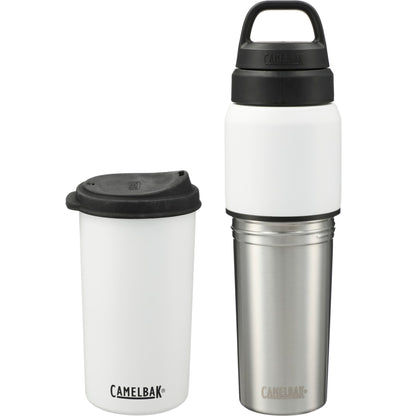 Front View of White CamelBak MultiBev 22oz Bottle & 16oz Cup plain