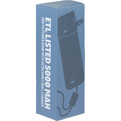 Front View of White ETL Listed 5000 mAh 20W PD Power Bank with AC Plug