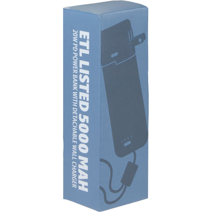 Front View of White ETL Listed 5000 mAh 20W PD Power Bank with AC Plug