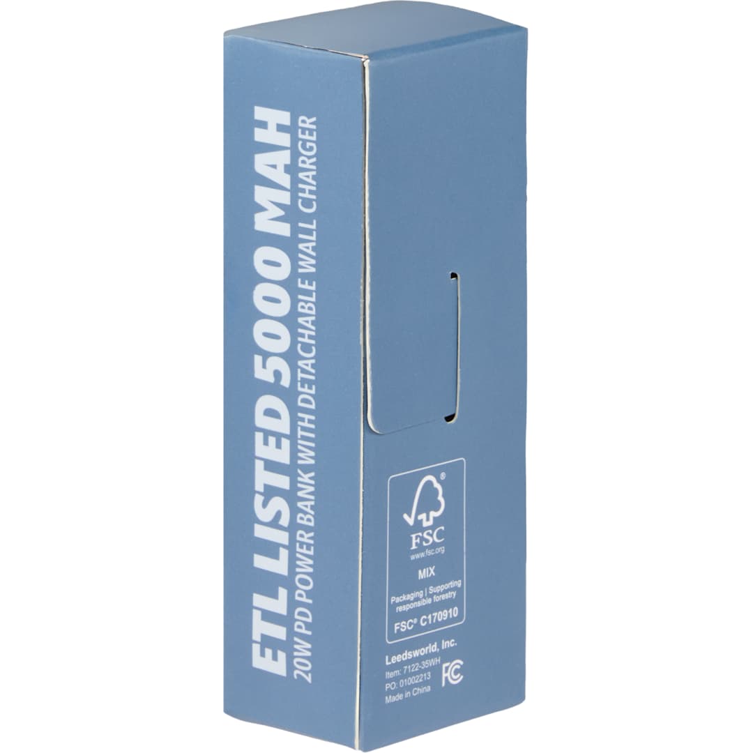 Front View of White ETL Listed 5000 mAh 20W PD Power Bank with AC Plug