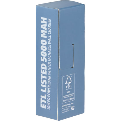 Front View of White ETL Listed 5000 mAh 20W PD Power Bank with AC Plug
