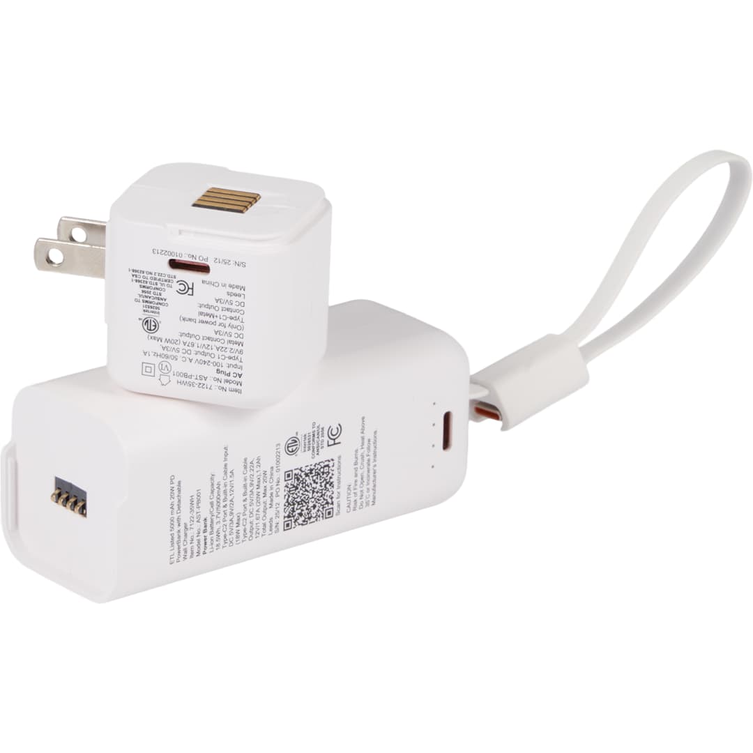 Front View of White ETL Listed 5000 mAh 20W PD Power Bank with AC Plug