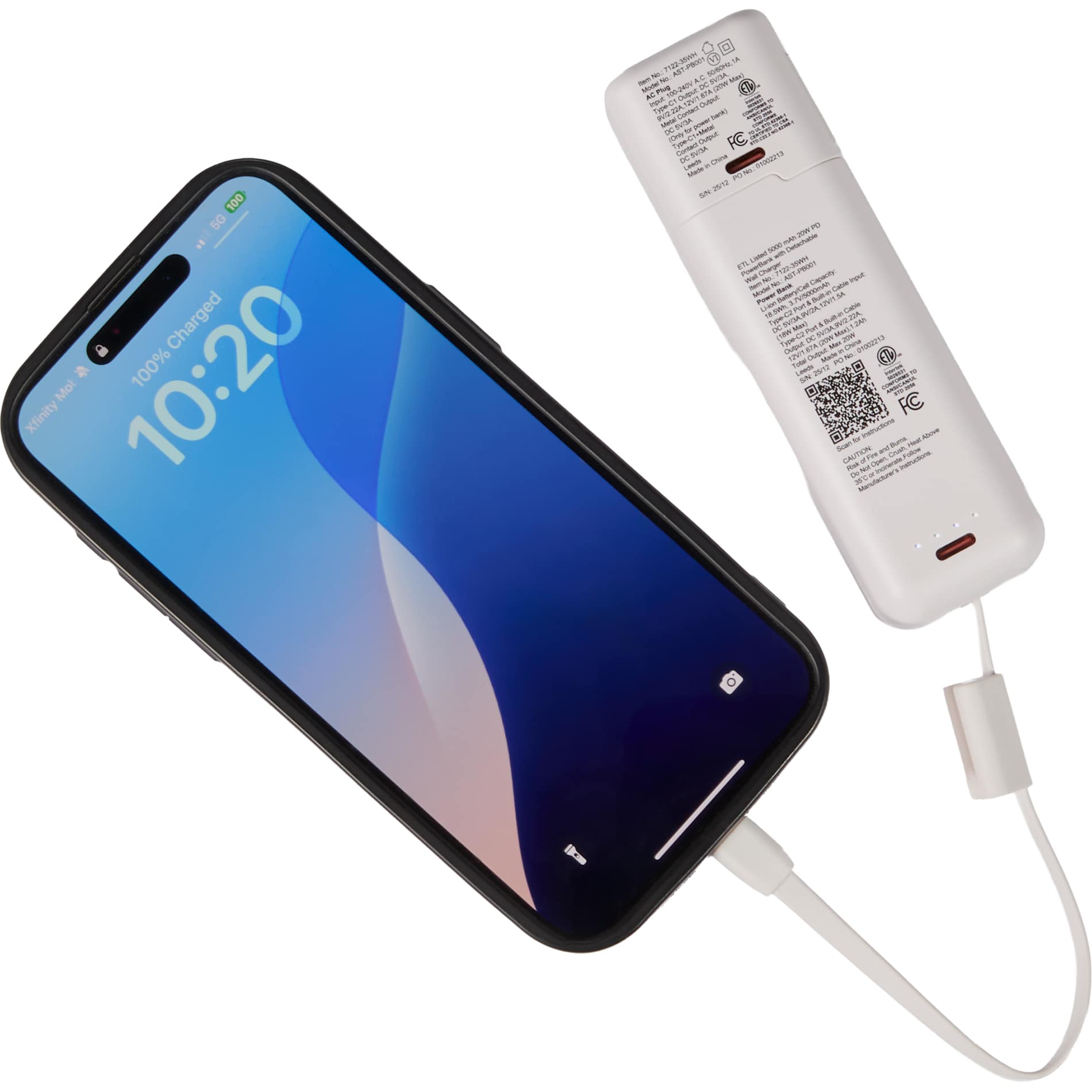 Front View of White ETL Listed 5000 mAh 20W PD Power Bank with AC Plug