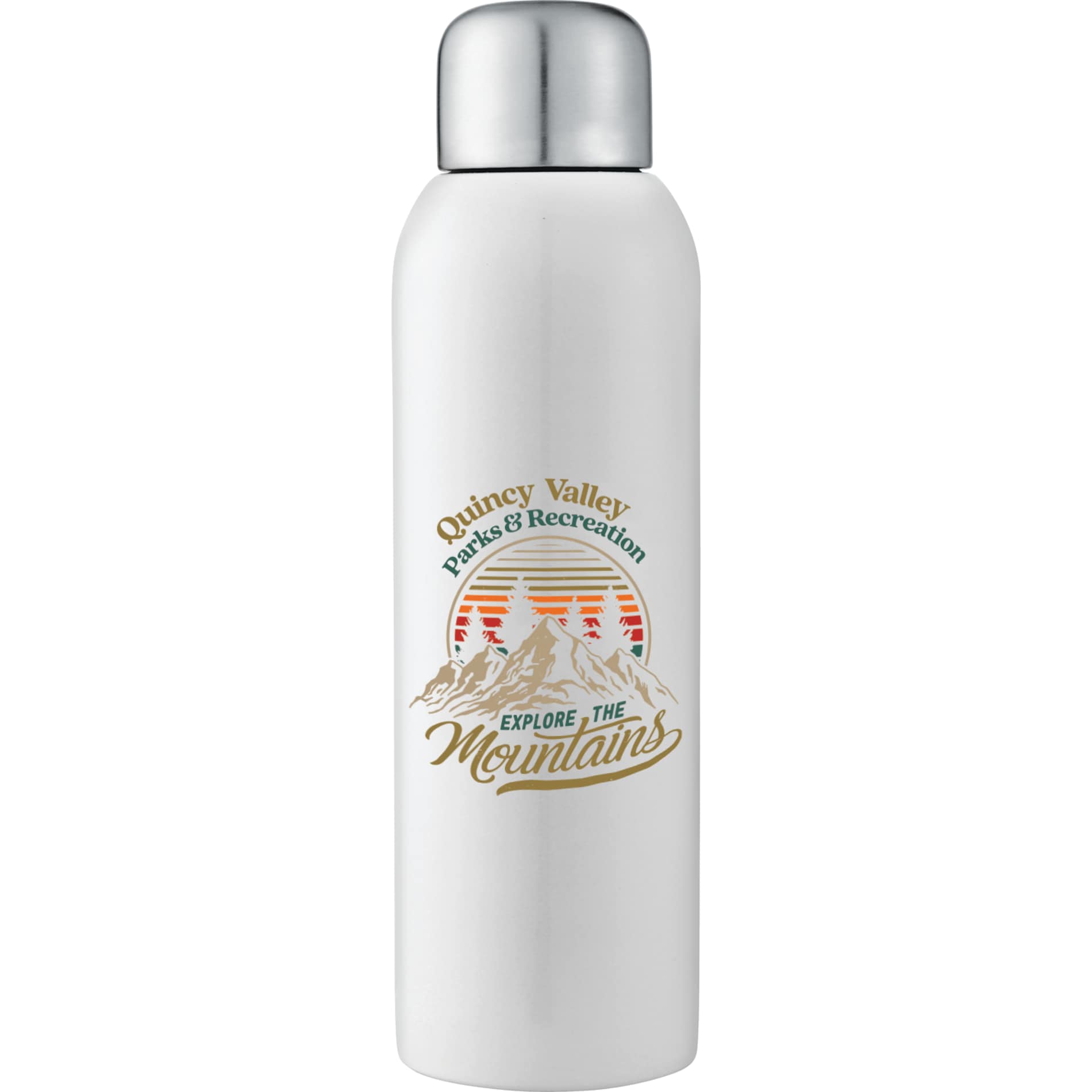 Front View of White Guzzle 28oz Stainless Sports Bottle