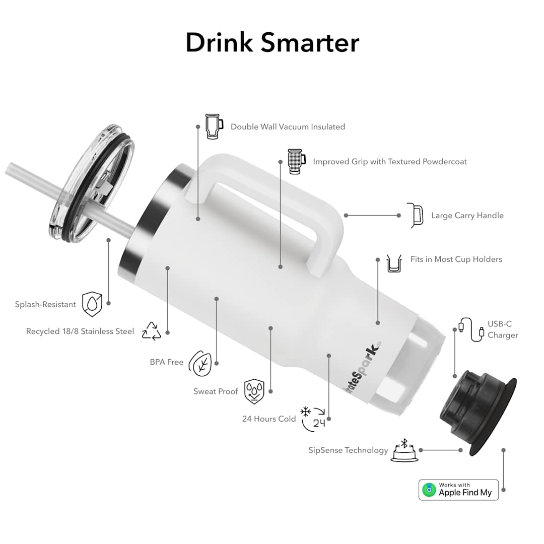 Front View of White HidrateSpark Pro 2 Tumbler 30oz