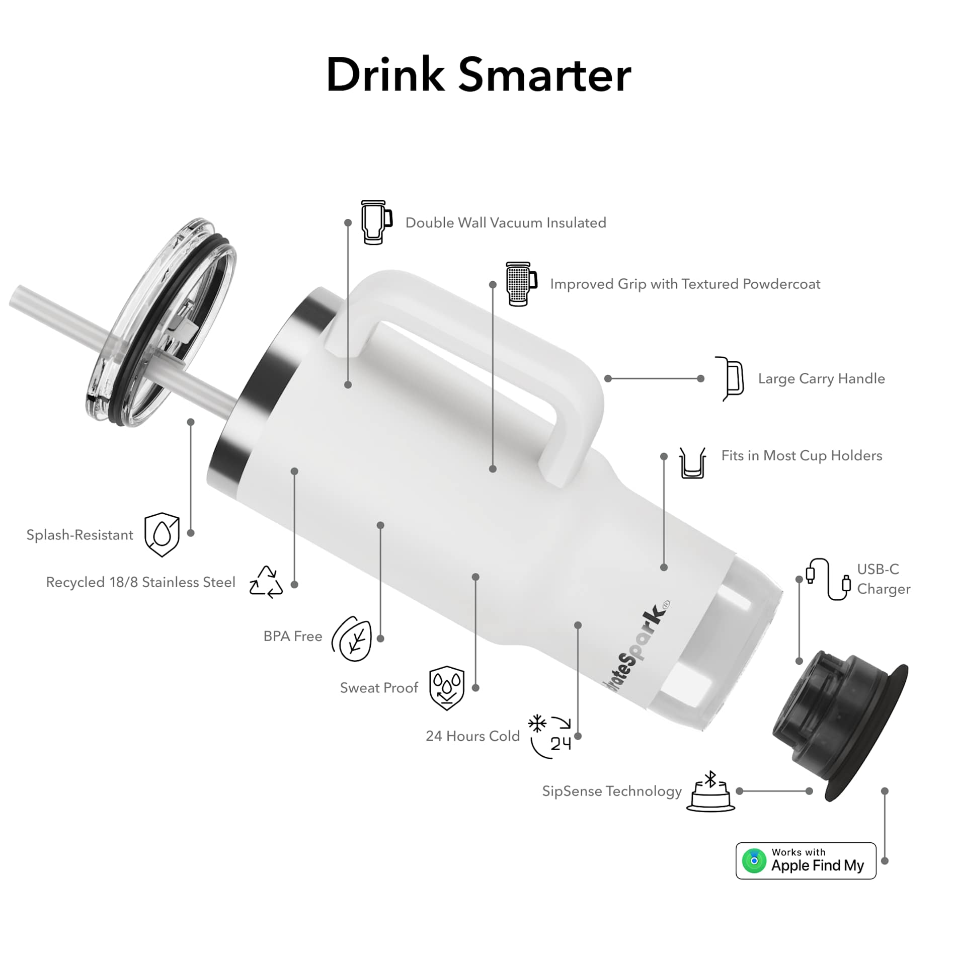 Front View of White HidrateSpark Pro 2 Tumbler 30oz