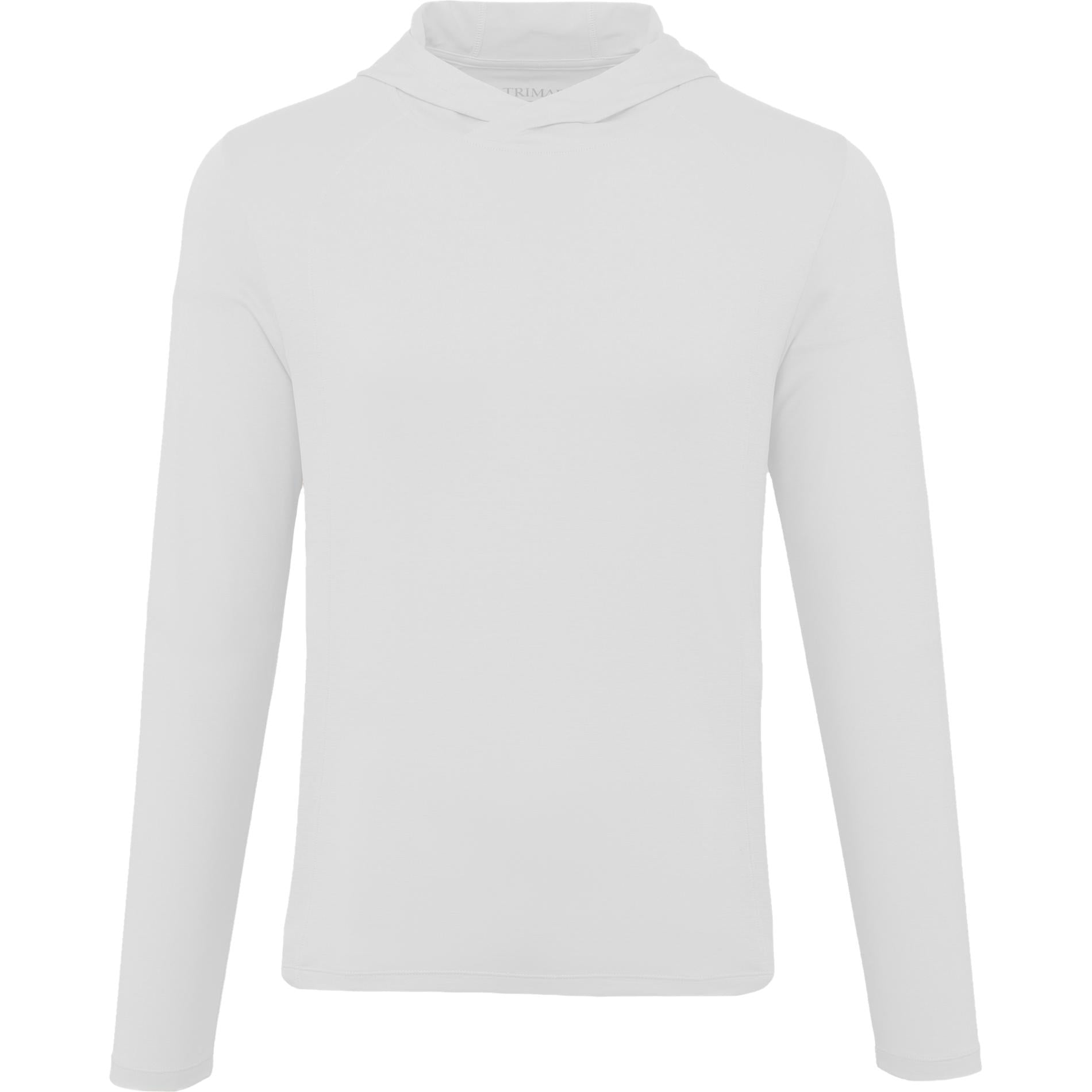 Front View of White IZU Everthing Performance Hoodie - Men's plain
