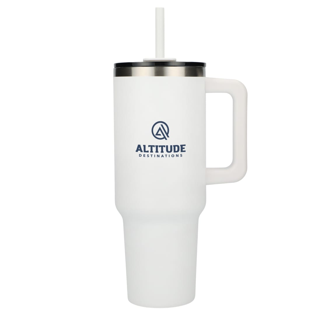 Front View of White Pinnacle Recycled Travel Tumbler with Straw 40oz