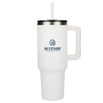 Front View of White Pinnacle Recycled Travel Tumbler with Straw 40oz
