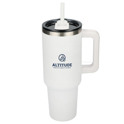 Front View of White Pinnacle Recycled Travel Tumbler with Straw 40oz