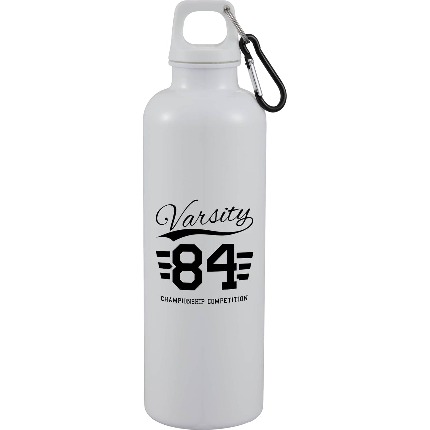 Front View of White Race 25oz  Recycled Bottle with Carabiner