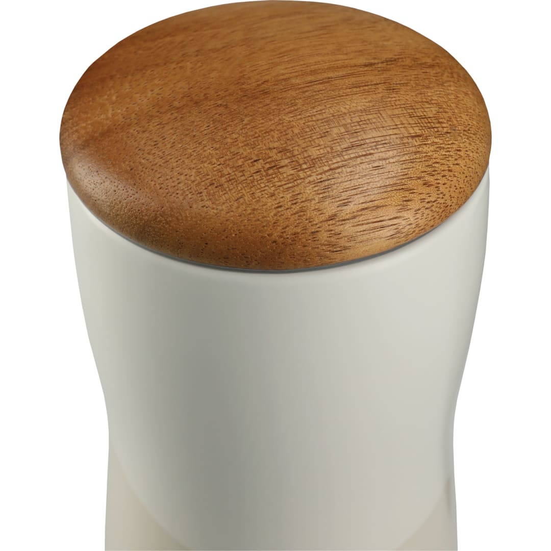 Front View of White Reno Double Wall Ceramic Tumbler w/Wood Lid 10oz plain