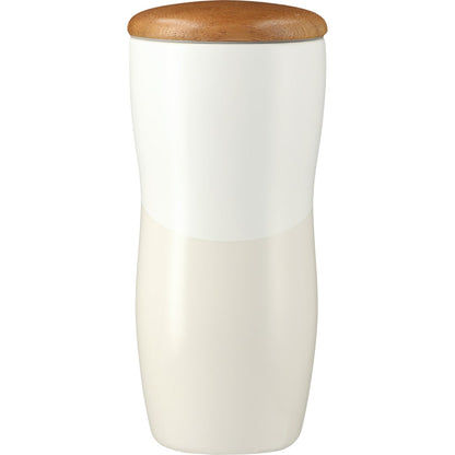 Front View of White Reno Double Wall Ceramic Tumbler w/Wood Lid 10oz plain