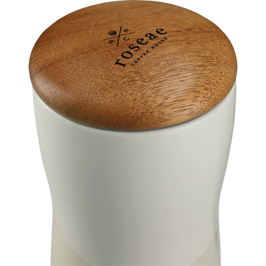 Front View of White Reno Double Wall Ceramic Tumbler w/Wood Lid 10oz