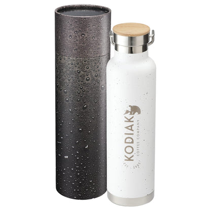 Front View of White Speckled Thor Bottle 22oz With Cylindrical Box