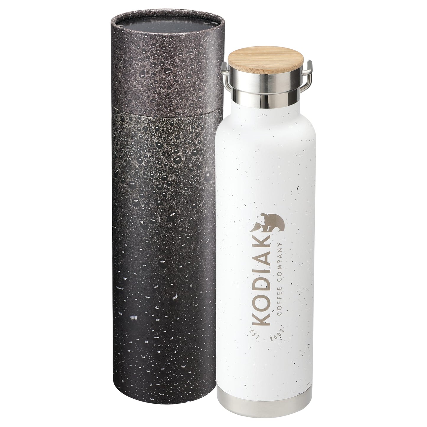 Front View of White Speckled Thor Bottle 22oz With Cylindrical Box