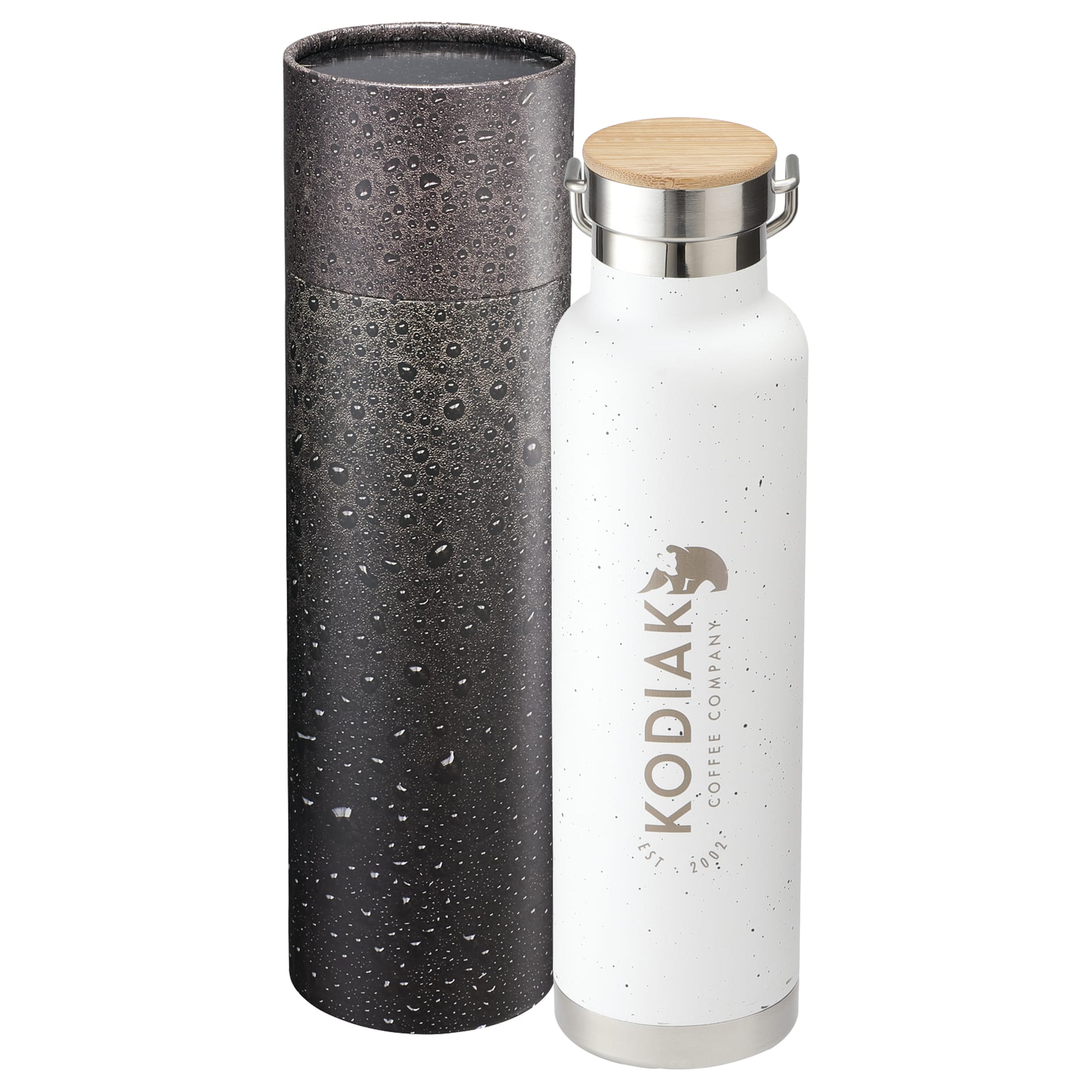 Front View of White Speckled Thor Bottle 22oz With Cylindrical Box