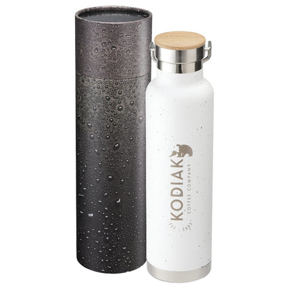 Front View of White Speckled Thor Bottle 22oz With Cylindrical Box