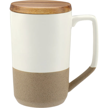 Front View of White Tahoe Tea & Coffee Ceramic Mug with Wood Lid 16oz plain