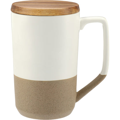 Front View of White Tahoe Tea & Coffee Ceramic Mug with Wood Lid 16oz plain