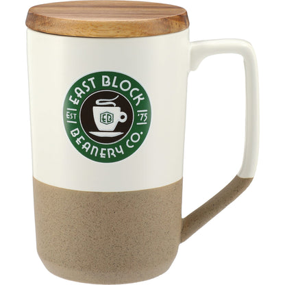 Front View of White Tahoe Tea & Coffee Ceramic Mug with Wood Lid 16oz
