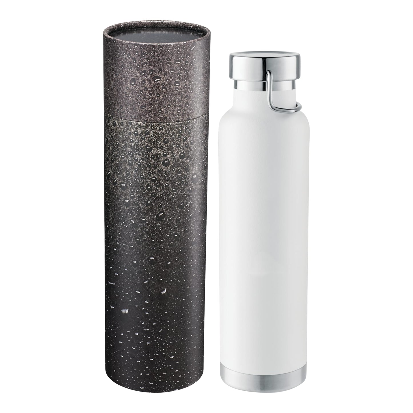 Front View of White Thor Copper Vac Bottle 22oz With Cylindrical Box plain