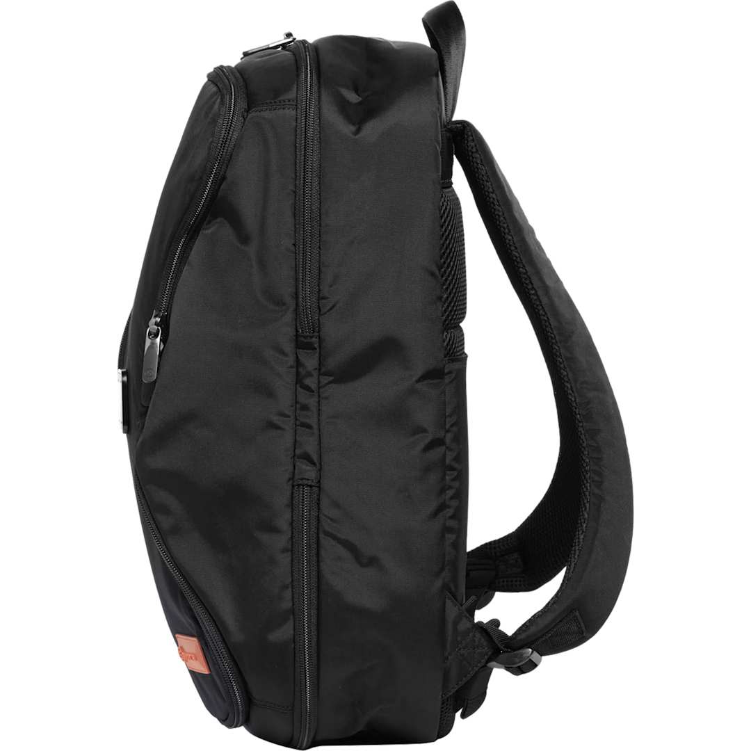 Left View of Black Stitch Day Traveler Backpack
